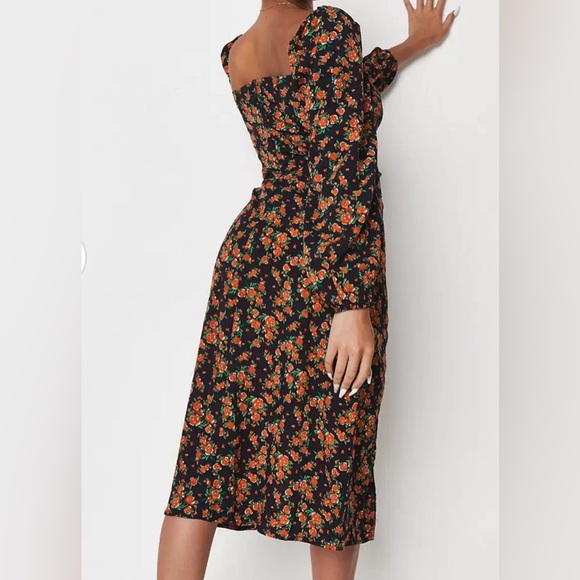 MISSGUIDED Navy Blue & Orange Floral Print A-Line Dress with High Slit fall - Picture 4 of 7